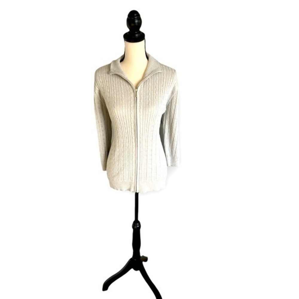 Chaps Zip Front 3/4 Sleeve Sweater Light Gray Sparkle Size 3X